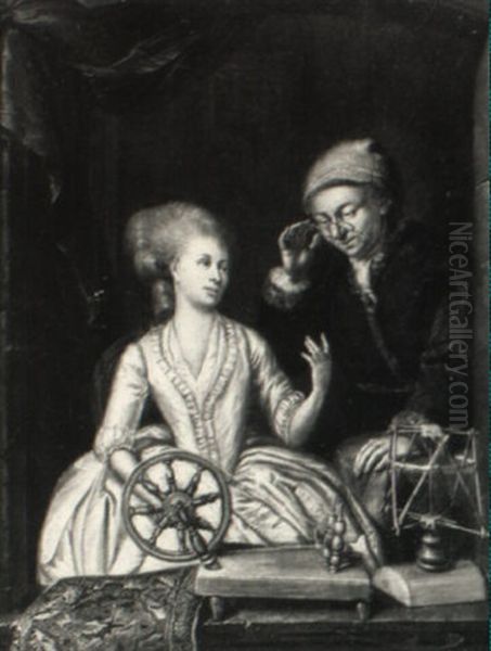Young Woman Spinning At A Window With Old Man Looking On - view 1