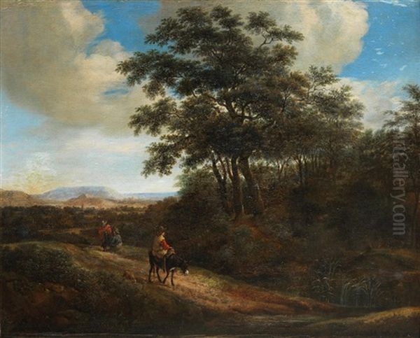 A Wooded Landscape With A Figure On A Donkey - view 1