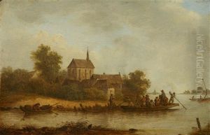 River Landscape With A Village And Ferry by Adam Pynacker