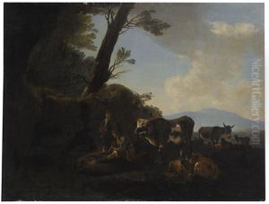 Two Shepherds By A Stream With Their Cattle by Adam Pynacker