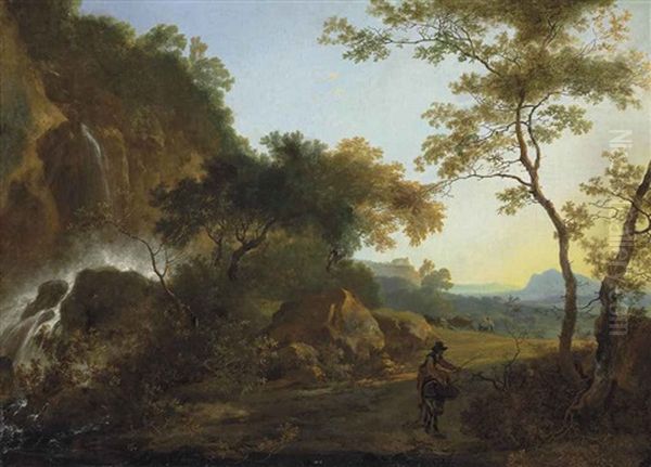 An Italianate Landscape With A Traveler On A Path By A Waterfall - view 1