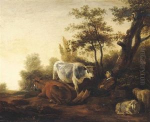 A Wooded Landscape With A Shepherd At Rest With His Livestock by Adam Pynacker