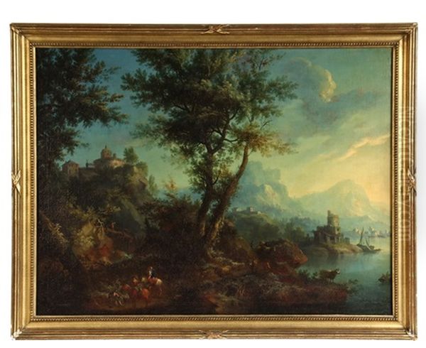 Idyllic Mountain Landscape With Lakeside Ruins, Men On Horseback, Oxen With Hay Wagon - view 1