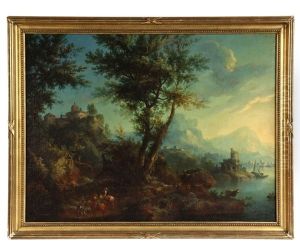 Idyllic Mountain Landscape With Lakeside Ruins, Men On Horseback, Oxen With Hay Wagon