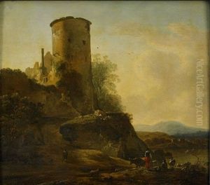 Mountain Landscape With Castle Ruins, Animals And Figures by Adam Pynacker