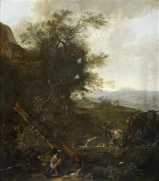 Berger Et Son Troupeau Dans Un Paysage - view 1