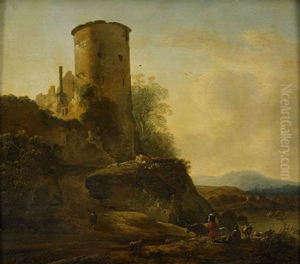 Berglandskap Med Borgruin, Djur Och Figurer - view 1