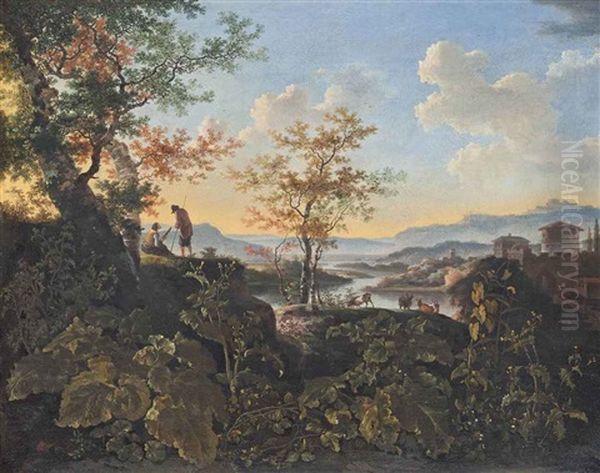 An Extensive River Landscape With Shepherds At Rest - view 1
