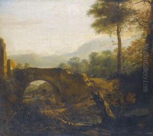 A Landscape With A Ruined Bridge, A Goatherder And A Town With Mountains Beyond A Landscape With A Ruined Bridge, A Goatherder And A Town With Mountains Beyond