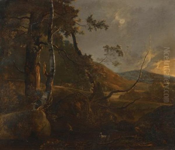 A Wooded Landscape With A Herdsman On A Path And A Loan Goat In The Foreground - view 1
