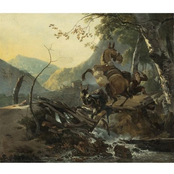 Italianate Landscape With A Donkey And A Rearing Horse Crossing A Collapsing Bridge - view 1
