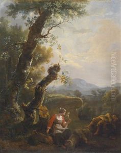 Eine Bauerin Mit Einem Spinnrocken Und Ein Schlafender Bauer In Einer Bewaldeten Landschaft by Adam Pynacker