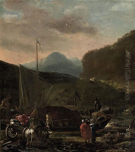 A River Landscape With A Ship Carrying Cargo, Travellers With Their Horse And Cart On A Bank - view 1
