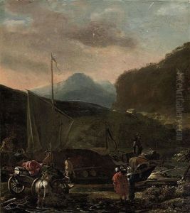 A River Landscape With A Ship Carrying Cargo, Travellers With Their Horse And Cart On A Bank by Adam Pynacker