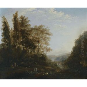 A Forest Landscape With Shepherds Resting With Their Cattle In The Foreground, An Aqueduct Beyond by Adam Pynacker