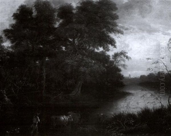 Drover In A Stream With Dog And Cattle - view 1