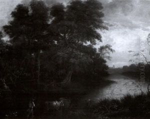 Drover In A Stream With Dog And Cattle