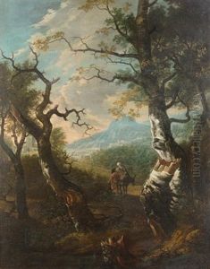An Italianate Landscape With Travellers On A Country Path A View To A Hillside Town Beyond by Adam Pynacker
