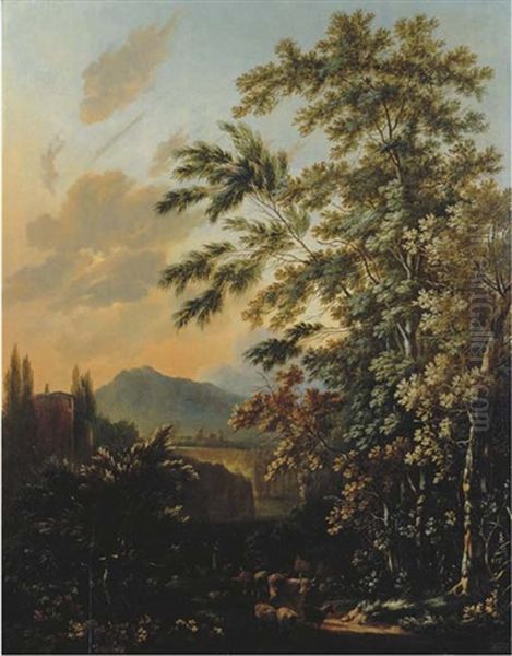 An Italianate Landscape With Drovers And Cattle On A Track, A Tower In The Distance - view 1