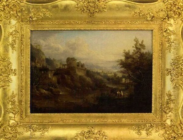 A Wooded River Landscape With Anglers In The Foreground, Classical Buildings Beyond - view 1