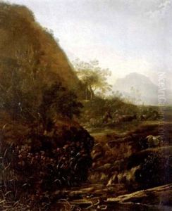 Italienische Bachlandschaft Mit Ziege Und Ziehenden Hirten Im Mittelgrund by Adam Pynacker
