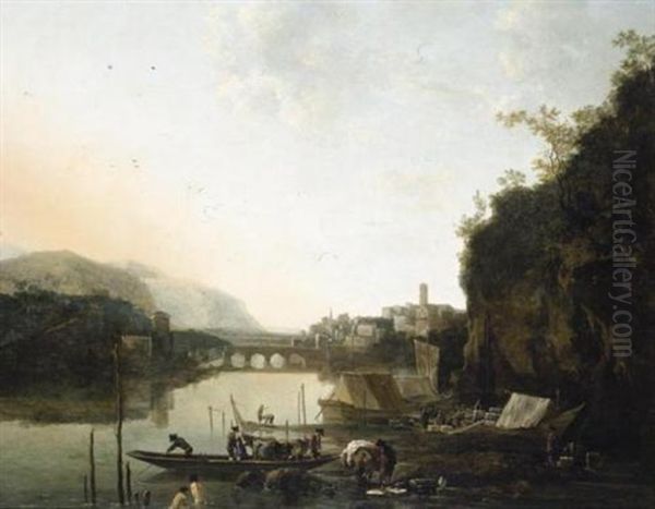 An Italianate River Landscape With A Capriccio View Of A Town And A Broken Bridge Beyond, A Ferry-boat And Bathers In The Foreground - view 1
