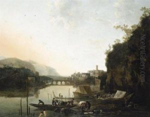 An Italianate River Landscape With A Capriccio View Of A Town And A Broken Bridge Beyond, A Ferry-boat And Bathers In The Foreground