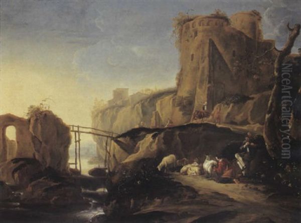 An Italianate Mountain Landscape With A Shepherd And Shepherdess Resting By A River With Their Flock - view 1
