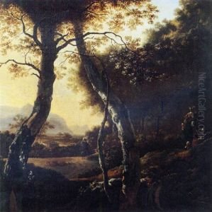 A Cowherdess Droving Cattle On A Track On The Edge Of A Forest, Other Shepherds Nearby, In An Italianate Landscape by Adam Pynacker