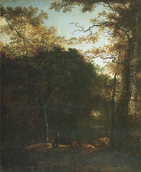 A Wooded Landscape With Cattle And Figures In A Woodland Clearing - view 1