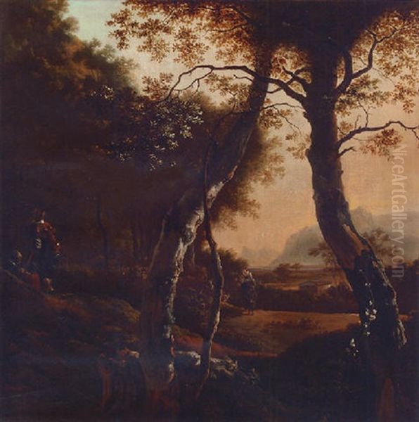 Figures In A Woodland Clearing, A Woman Leading Cattle On A Path Nearby - view 1