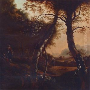 Figures In A Woodland Clearing, A Woman Leading Cattle On A Path Nearby by Adam Pynacker