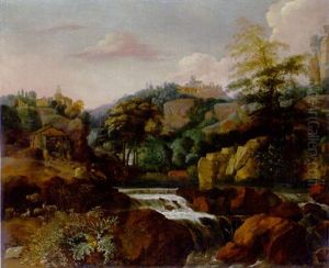 An Italianate Landscape With Goats And Sheep Beside A Waterfall Beneath A Village