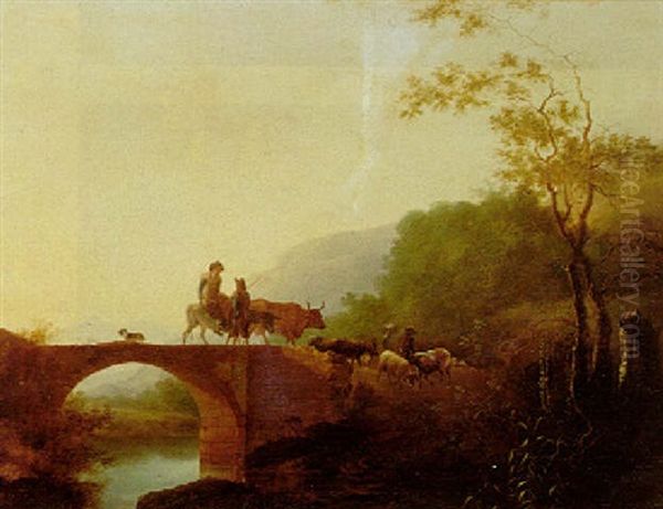 Herders On A Bridge With A Mountainous Wooded Landscape Beyond - view 1