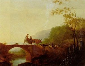 Herders On A Bridge With A Mountainous Wooded Landscape Beyond by Adam Pynacker
