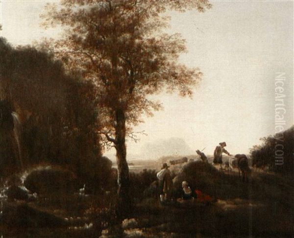 Landscape With Sheperds By A Waterfall - view 1