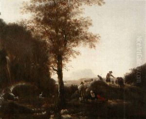Landscape With Sheperds By A Waterfall by Adam Pynacker