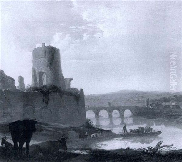 Cattle On A Ferry Crossing A River In An Italianate Landscape - view 1