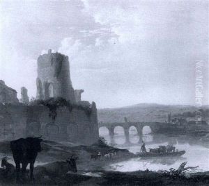 Cattle On A Ferry Crossing A River In An Italianate         Landscape