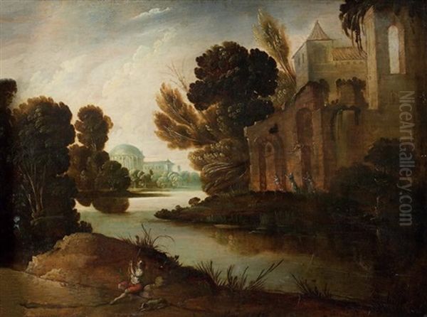 Paysage De Riviere Avec Le Fils Prodigue Chasse Par Les Femmes De Mauvaises Vies - view 1