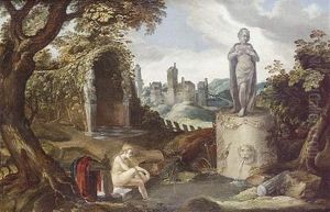 Susannah Bathing At A Stream Before A Statue, The Elders Looking On by Jacob Symonsz Pynas