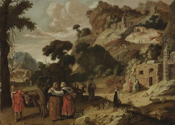 Ruth Und Noemi. In Felsiger Landschaft Mit Figurenstaffage Nimmt Ruth Abschied Von Ihrer Schwiegermutter Noemi, Neben Der Ein Knecht Mit Esel Wartet, Um Ruth Zu Boas Zu Bringen - view 1