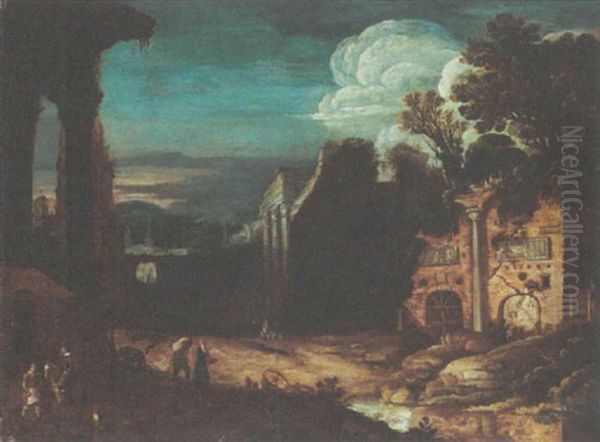 A Wooded Landscape With Travellers Amongst Classical Ruins - view 1