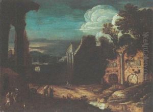 A Wooded Landscape With Travellers Amongst Classical Ruins by Jacob Symonsz Pynas
