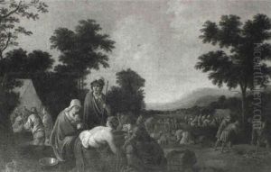 Encampment With Women In Foreground Washing And Conversing