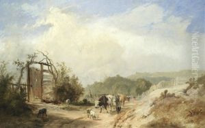 Wooded Landscape, With Drover, Cattle And Goats On A Path by James Baker Pyne