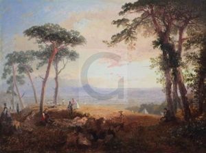 Extensive Landscape With Figures Beneath Pine Trees In The Foreground