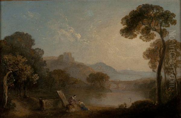 Paysage Italien Avec Ruine Et Pont Et Personnage En Conversation Au Premier Plan - view 1
