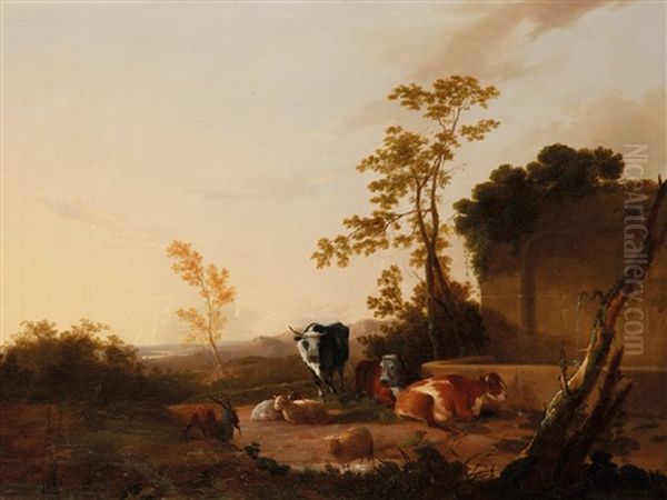 Cattle Beside A Cistern With A Hilly Landscape Beyond - view 1