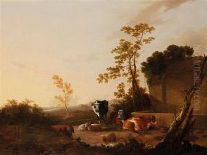 Cattle Beside A Cistern With A Hilly Landscape Beyond Cattle Beside A Cistern With A Hilly Landscape Beyond